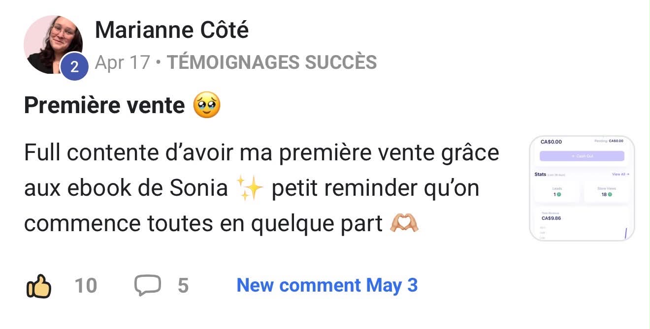 Marianne Côté — première vente grâce aux ebooks